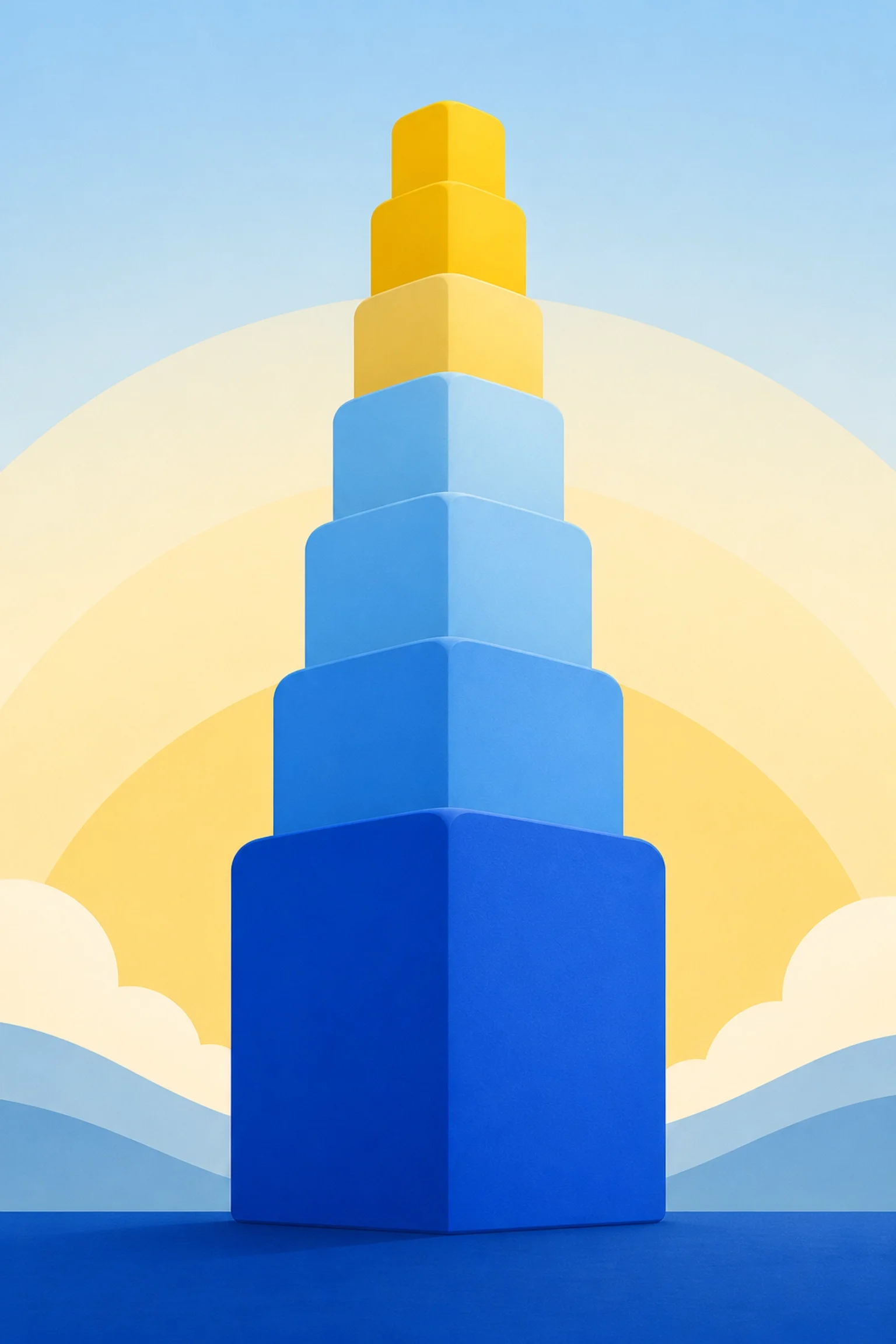 Stacked blue and yellow rounded blocks forming an upward tower against a sunrise backdrop, symbolizing layered growth, scalable success, and steady business progress.