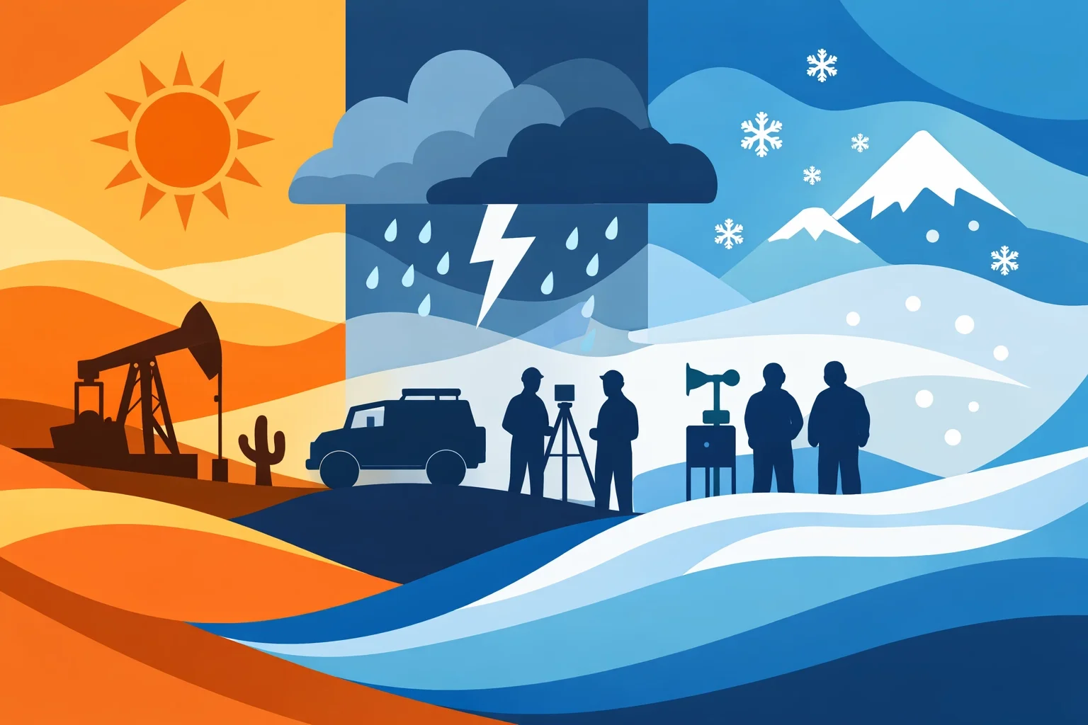 Field workers operating across different weather conditions including heat, rain, and snow, highlighting environmental job site challenges