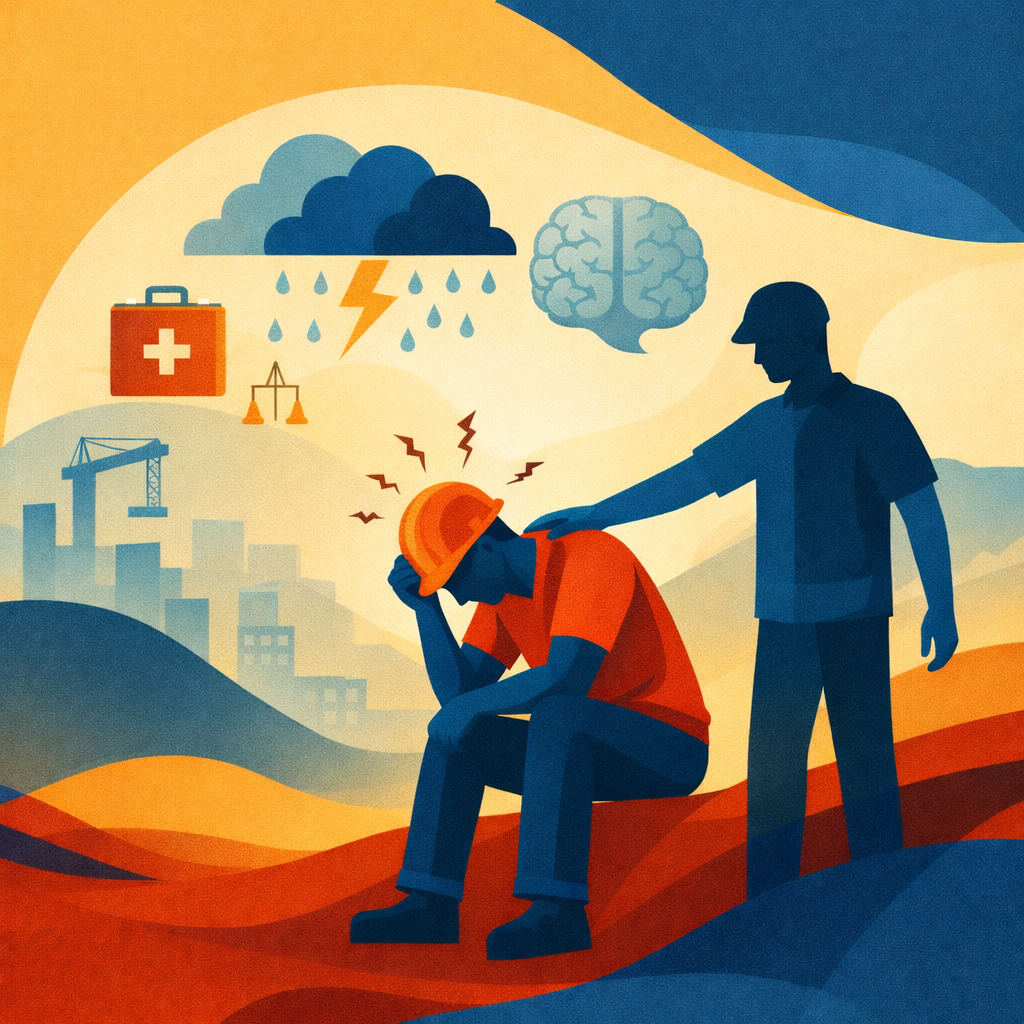 Construction worker experiencing jobsite stress and mental health challenges while a coworker offers support, with safety and work pressure symbols in the background