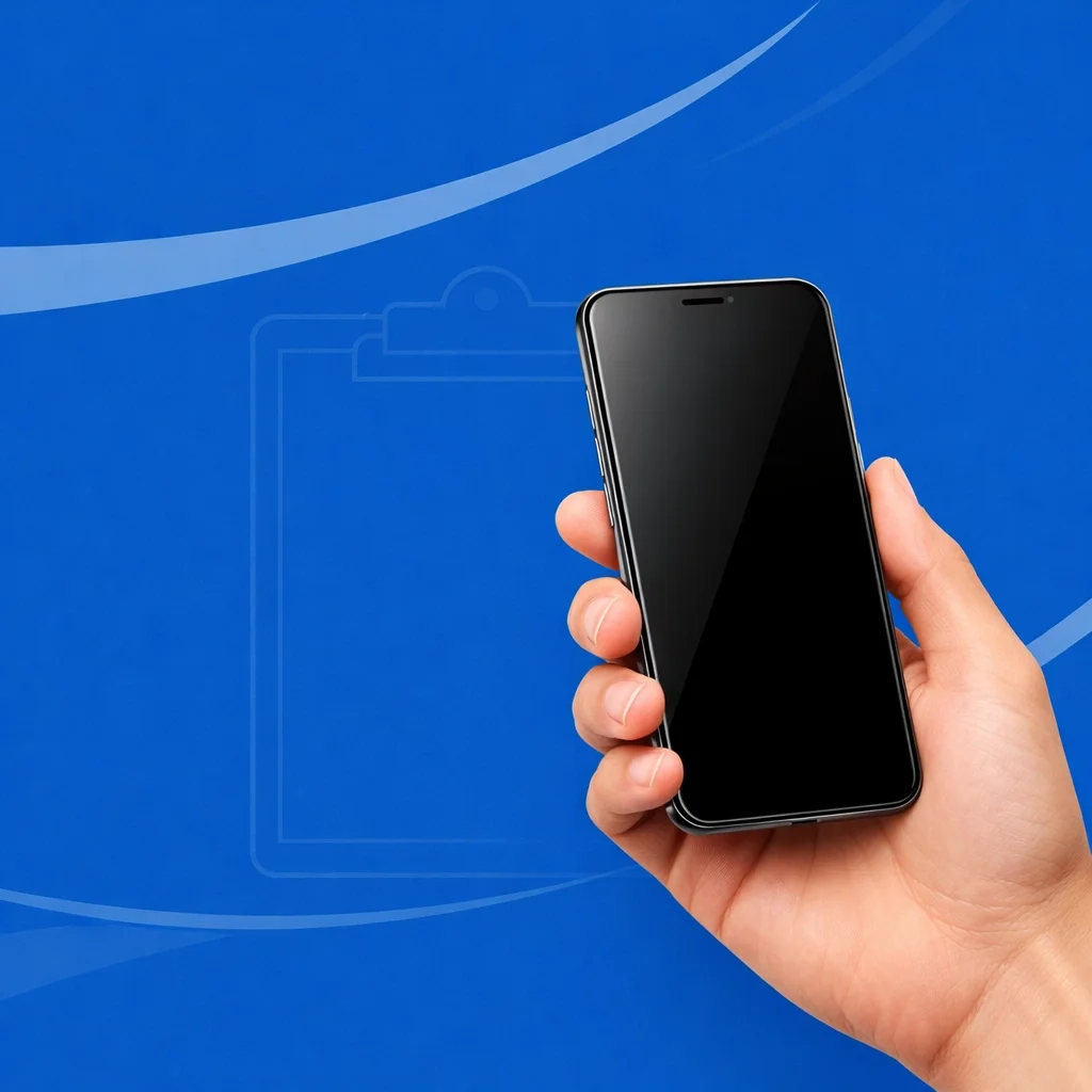 Close-up of a hand holding a blank smartphone screen against a clean blue gradient background with subtle UI outline graphics.
