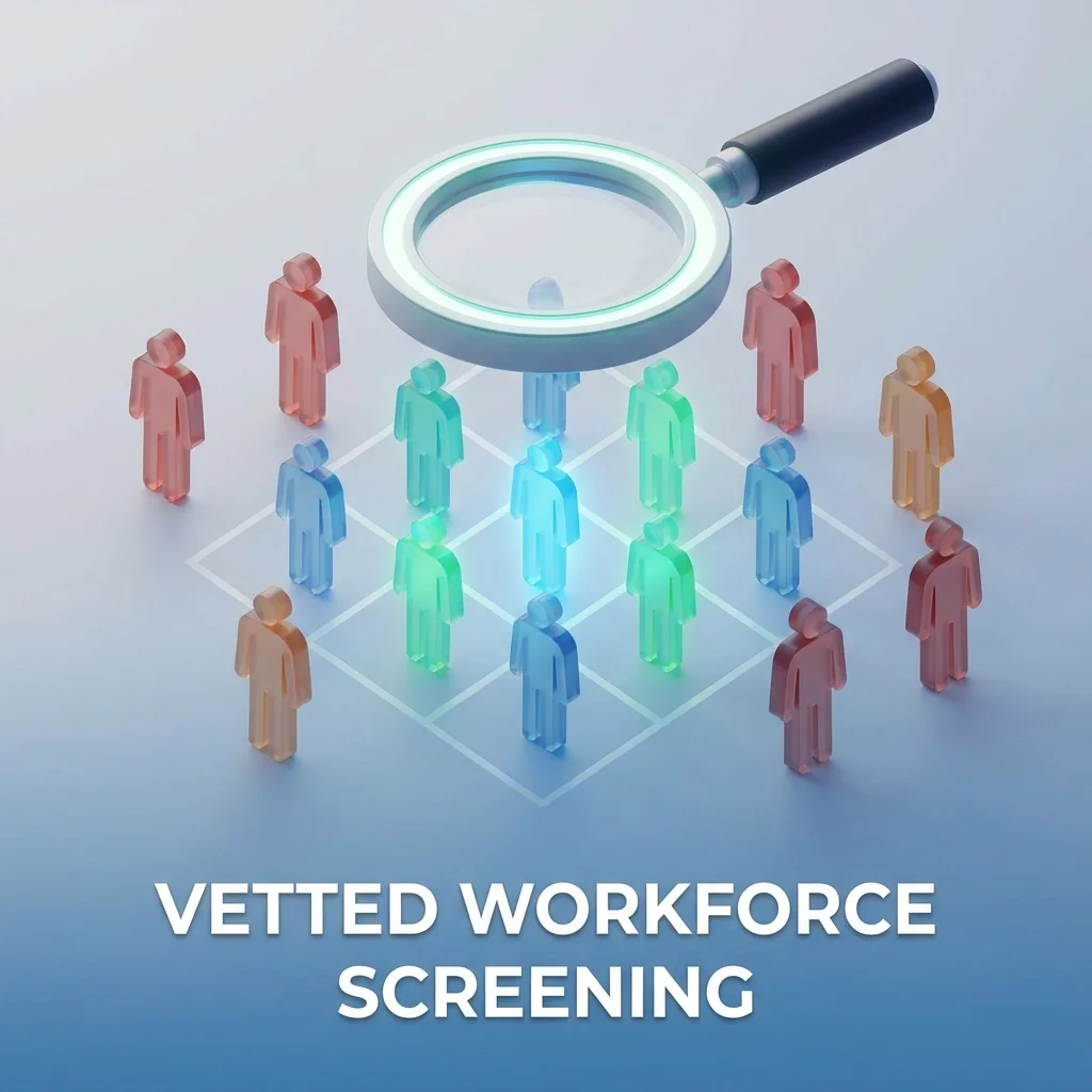 3D illustration of a magnifying glass examining grouped worker icons, representing vetted workforce screening and employee selection.