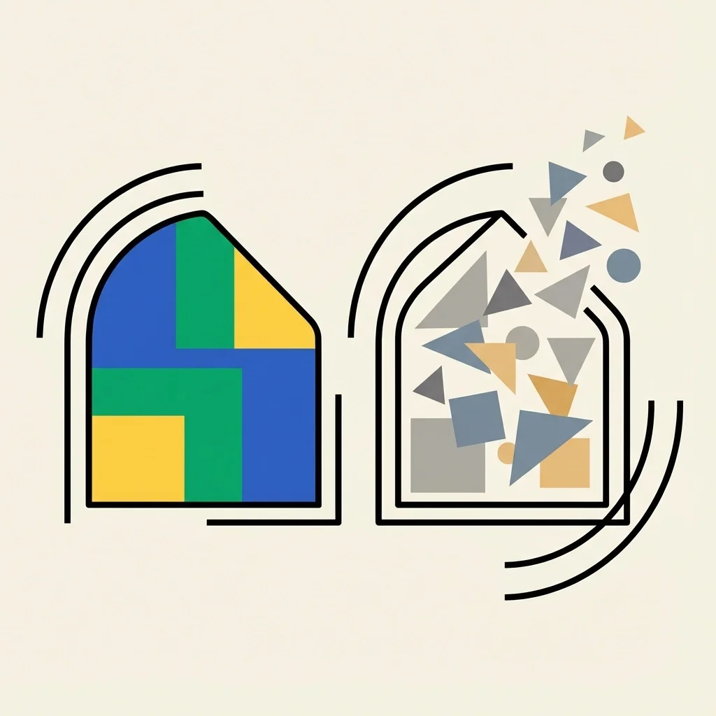Minimal illustration comparing organized data blocks with scattered shapes, symbolizing structured data versus data chaos.