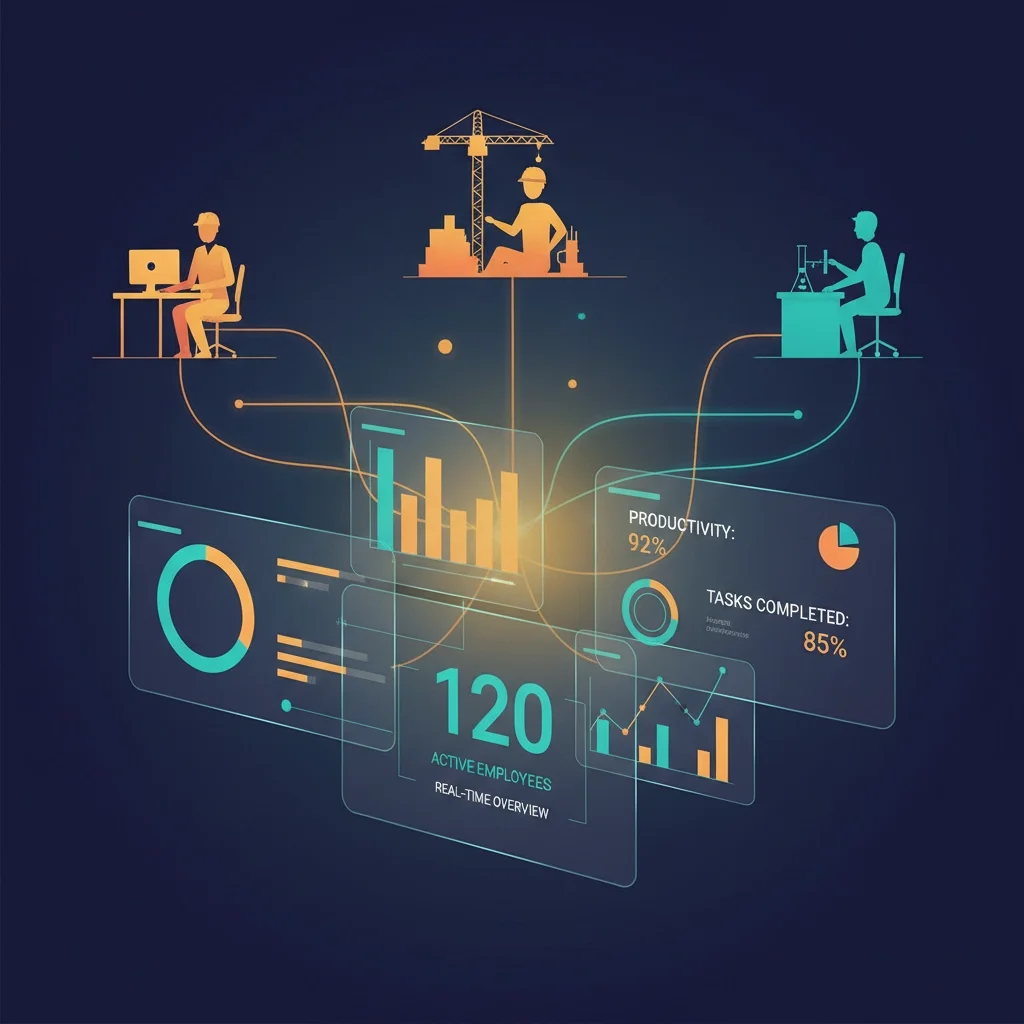Digital illustration showing employees working in different environments connected to floating analytics dashboards displaying productivity, tasks completed, and real-time employee data.