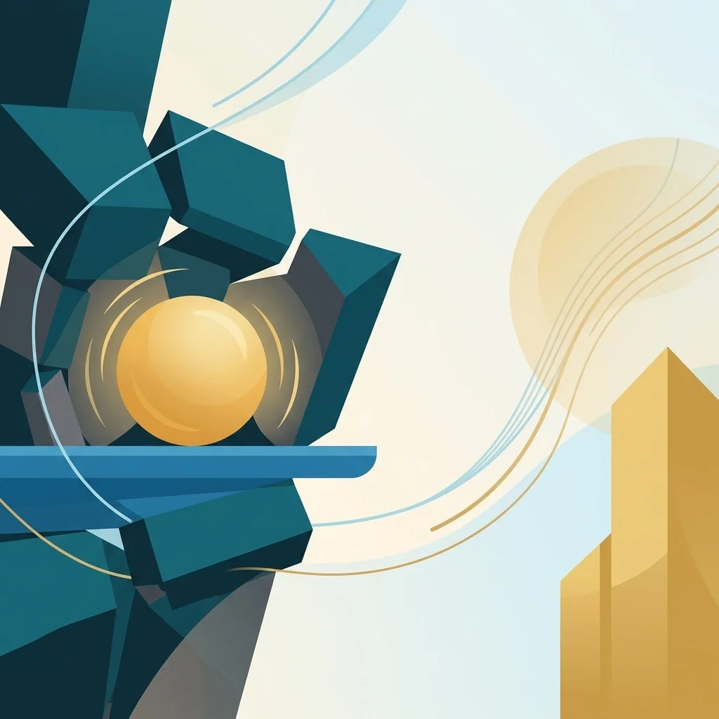 Abstract illustration of glowing golden sphere stabilized among fractured blue geometric blocks, symbolizing balance, resilience, innovation, and stability amid disruption.