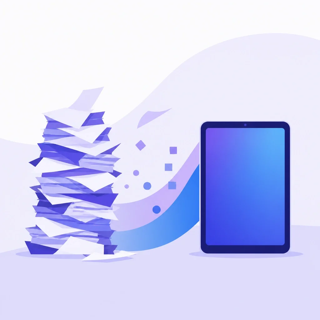 Abstract illustration comparing stacks of paperwork with a digital tablet, symbolizing digital transformation, paperless workflows, automation, and modern business efficiency.