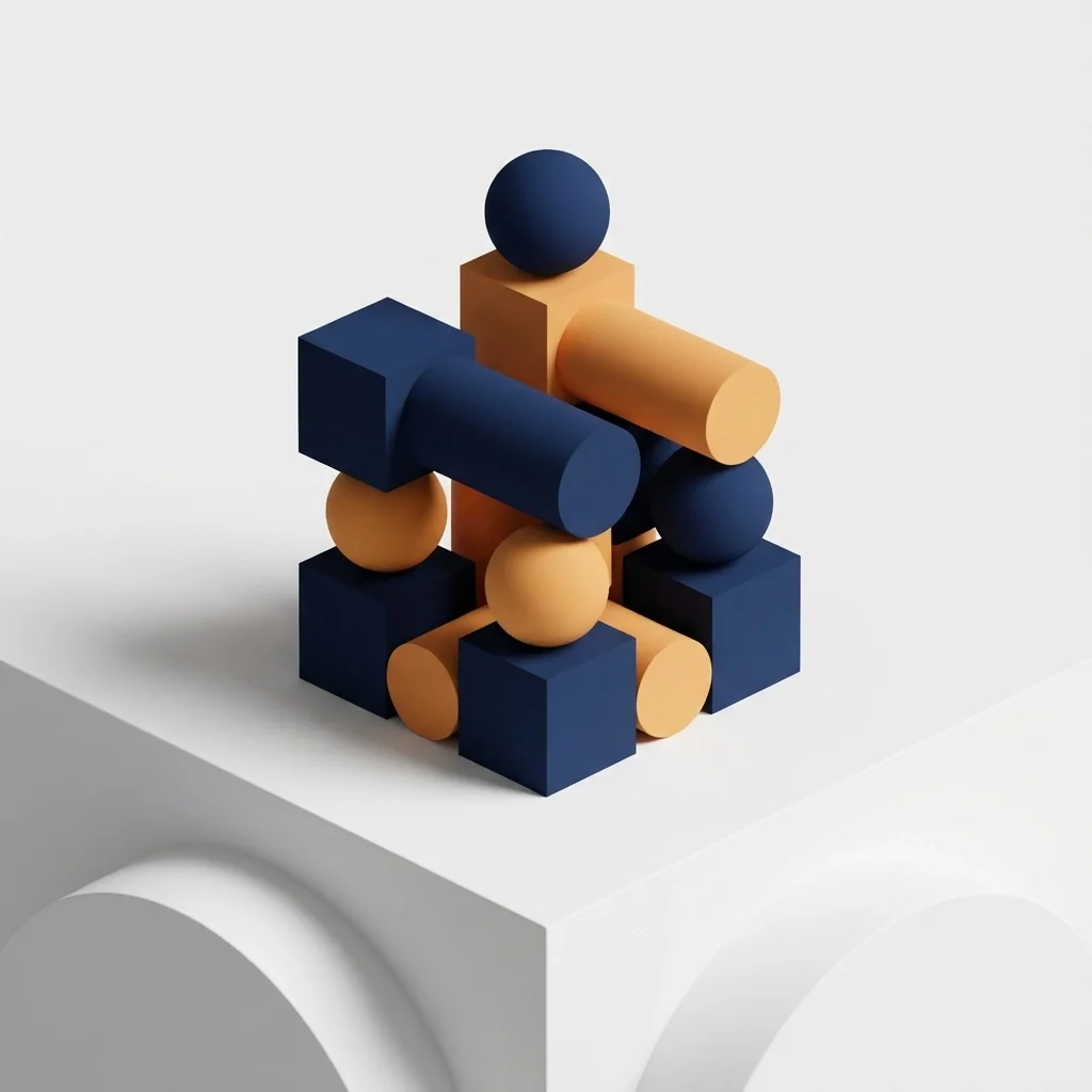 3D stacked geometric shapes representing modular components, system building blocks, and flexible architecture.