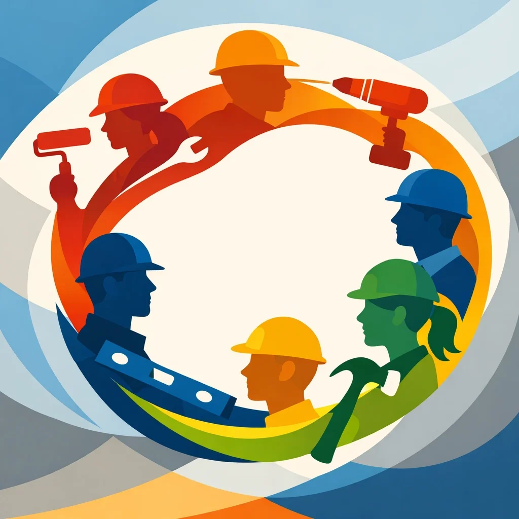 Diverse skilled tradespeople forming a circle, representing teamwork, collaboration, and a unified construction workforce.