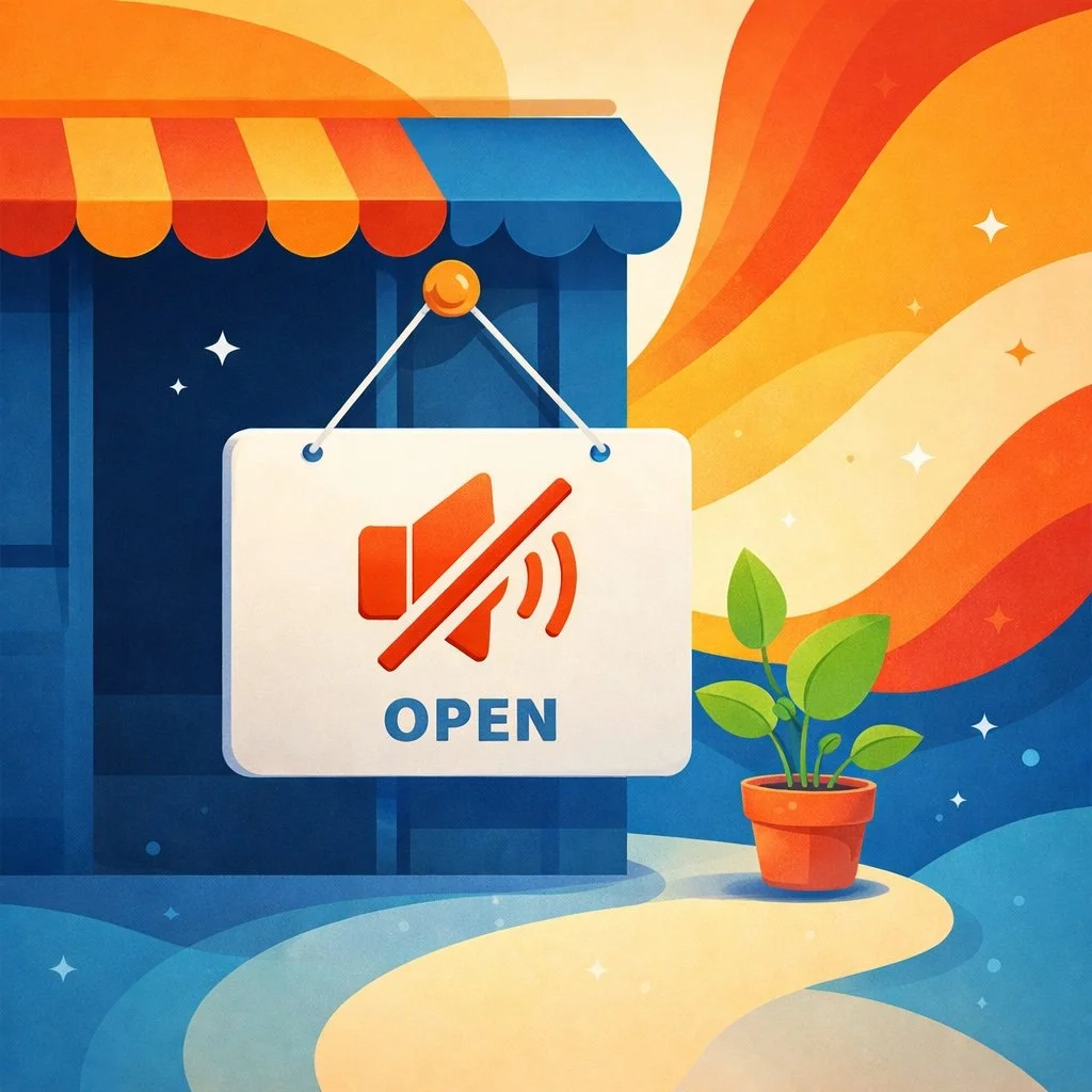 Minimalist illustration of a small storefront with a muted speaker icon on an open sign, symbolizing silence or lack of communication in small business, with warm orange and blue tones and soft geometric accents