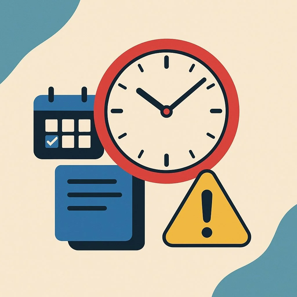 Illustration of a large clock surrounded by a calendar, document icons, and a yellow warning symbol, representing missed deadlines or scheduling issues.