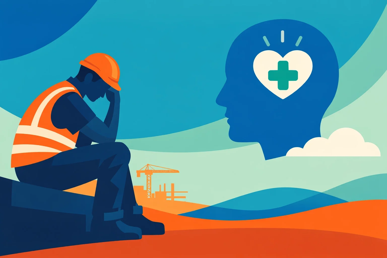 Construction worker sitting with head down beside mental health support symbol, representing stress, burnout, and the importance of worker wellbeing.