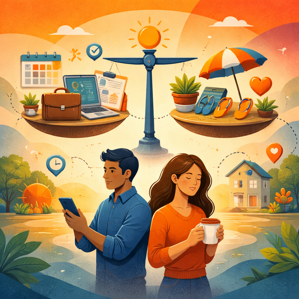 Balance scale illustrating work productivity and personal life, representing healthier work-life balance through efficient workforce management.