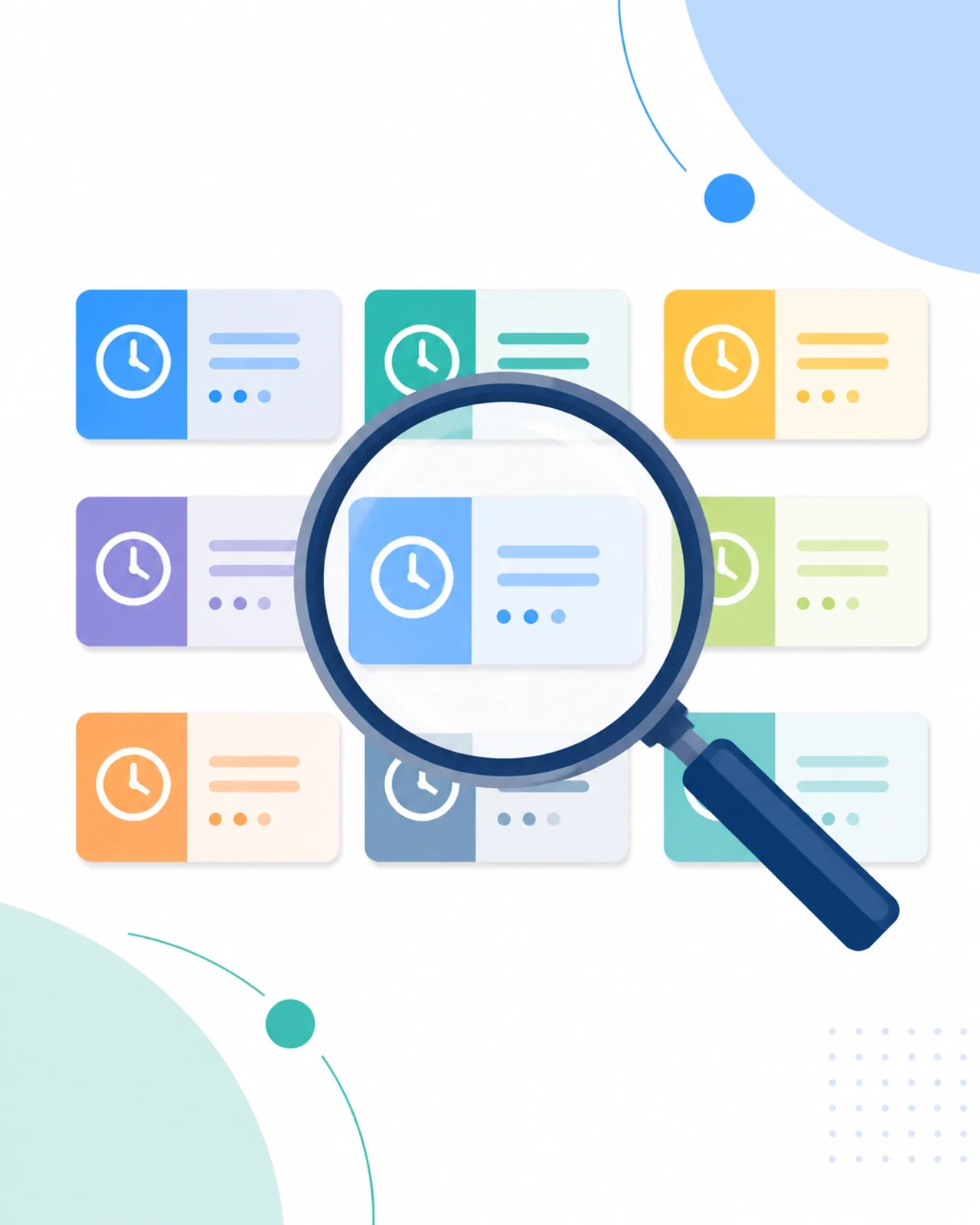 Minimalist illustration of a magnifying glass over organized time logs symbolizing transparency
