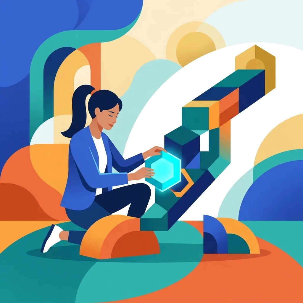 Woman assembling glowing geometric blocks into a structured system, representing building scalable solutions and structured workflows.