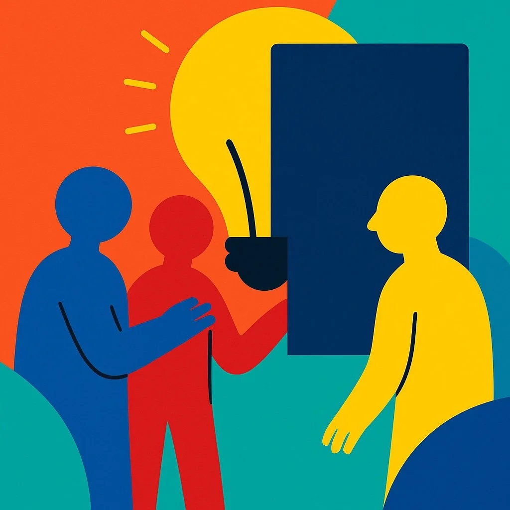 Colorful illustration of three abstract figures collaborating, with a large glowing lightbulb representing shared ideas and teamwork.