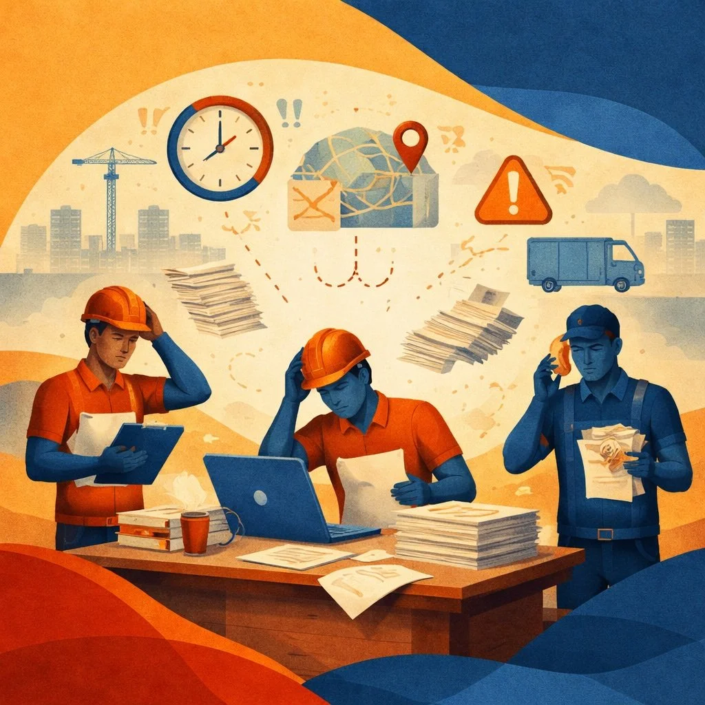 Stressed field supervisors managing paperwork, scheduling, and logistics challenges at a construction jobsite desk.