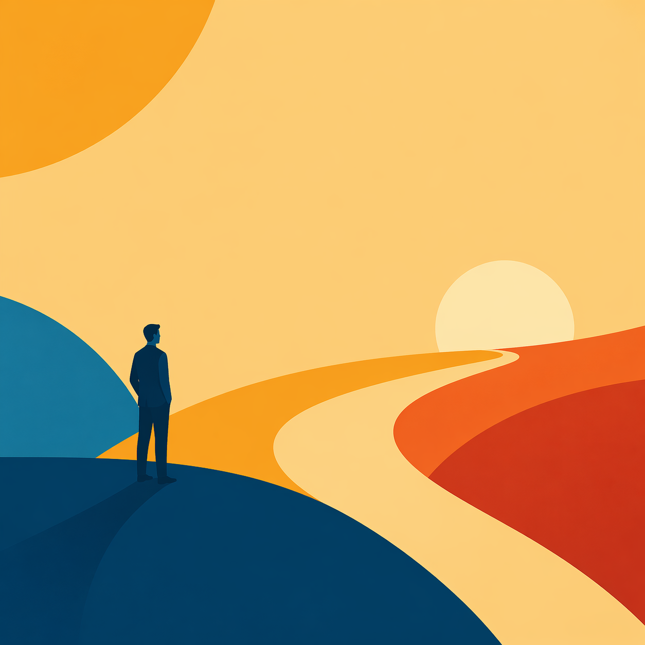 Person standing on a hill looking toward a winding path leading to the horizon, symbolizing vision, direction, and planning the journey ahead.