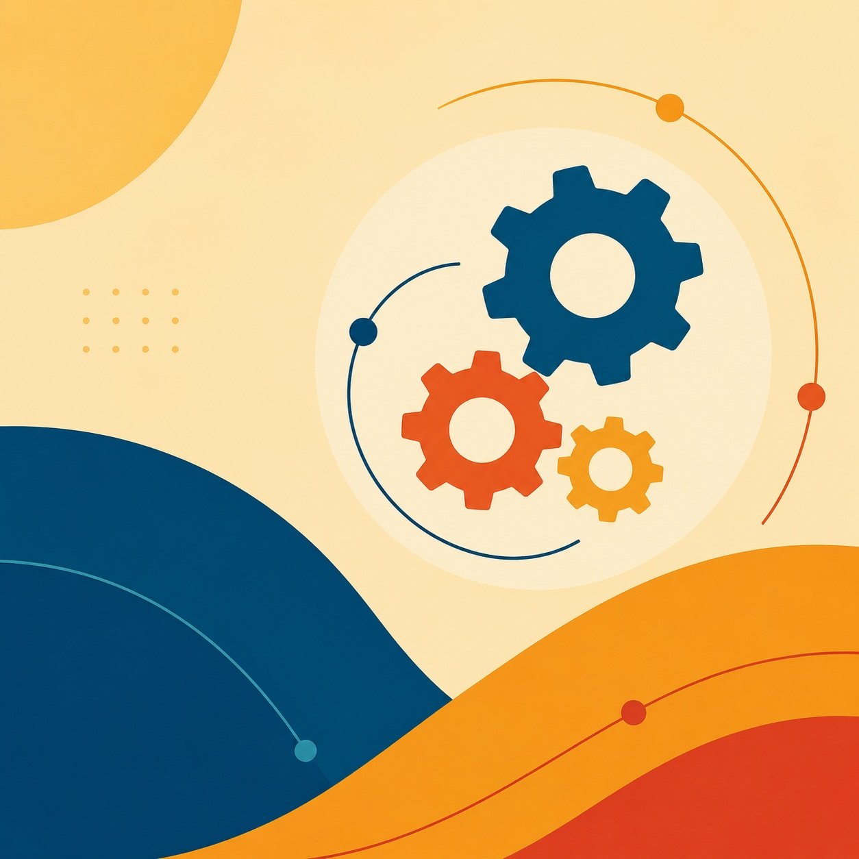 Minimalist flat vector illustration of interconnected gears working together within a structured system, surrounded by gentle curved geometric accents in blue, orange, and red.