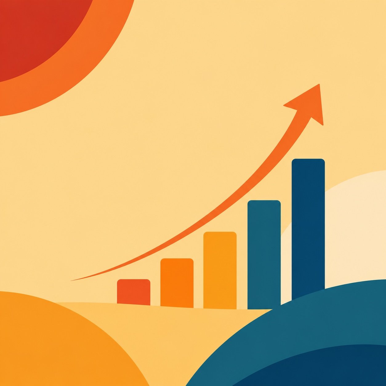 Minimalist illustration of ascending growth bars and a sweeping upward curve, representing simple and sustainable business scaling, using bold warm and cool geometric shapes with clean modern design.