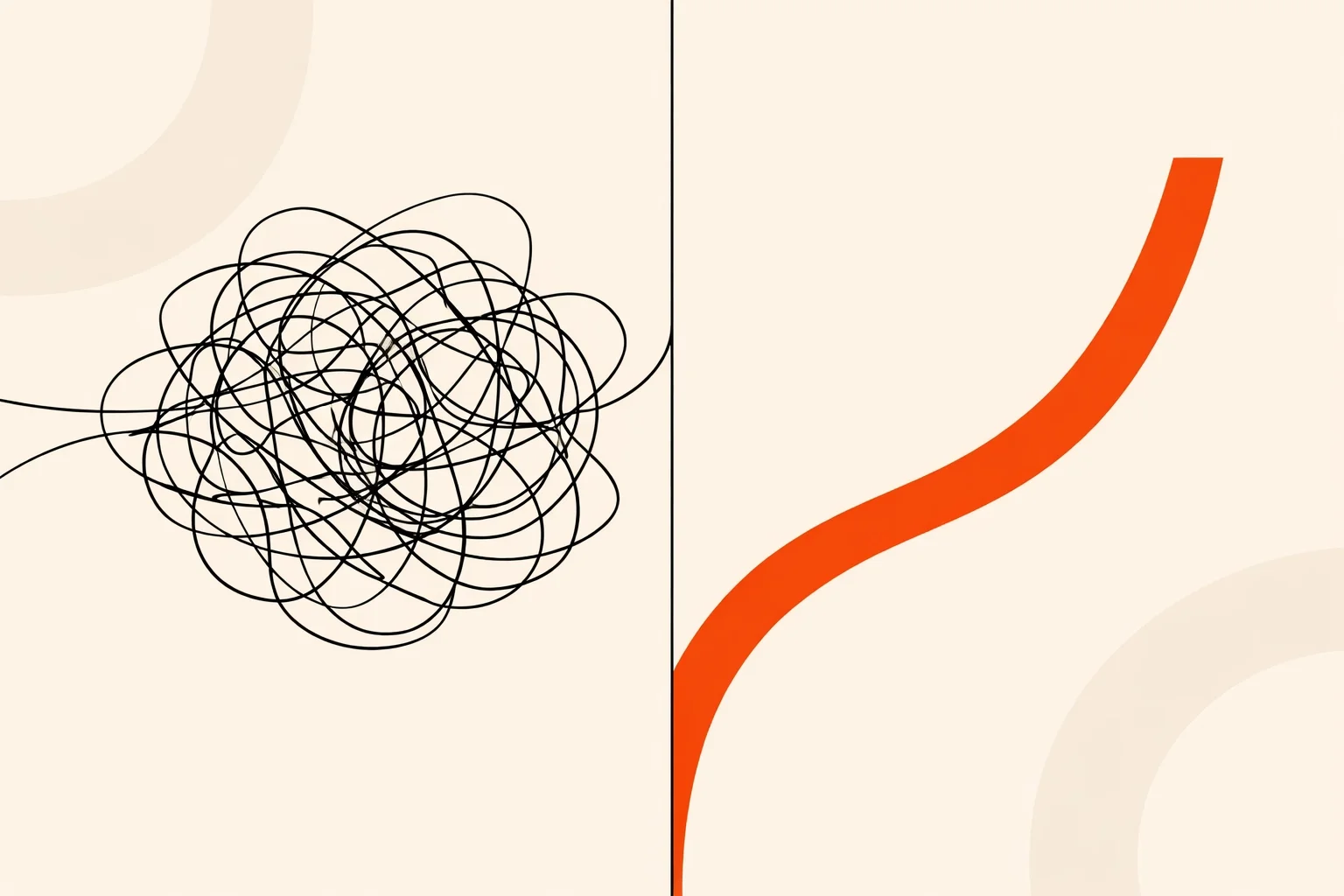 Comparison of messy, tangled workflows and a clean streamlined process, representing operational clarity and efficiency.
