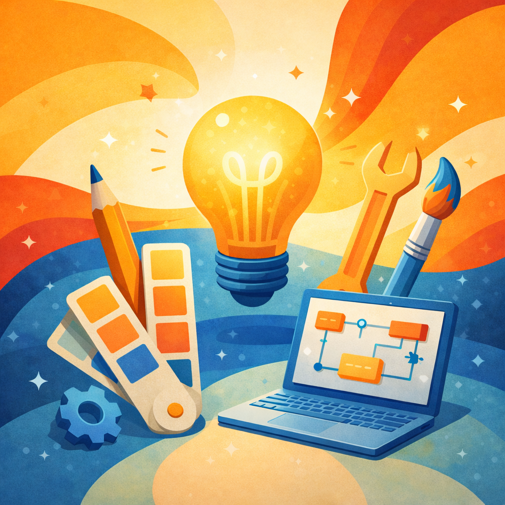 Minimalist illustration of a glowing lightbulb surrounded by tools and a laptop, representing turning ideas into action and execution with bold colors and soft geometric accents