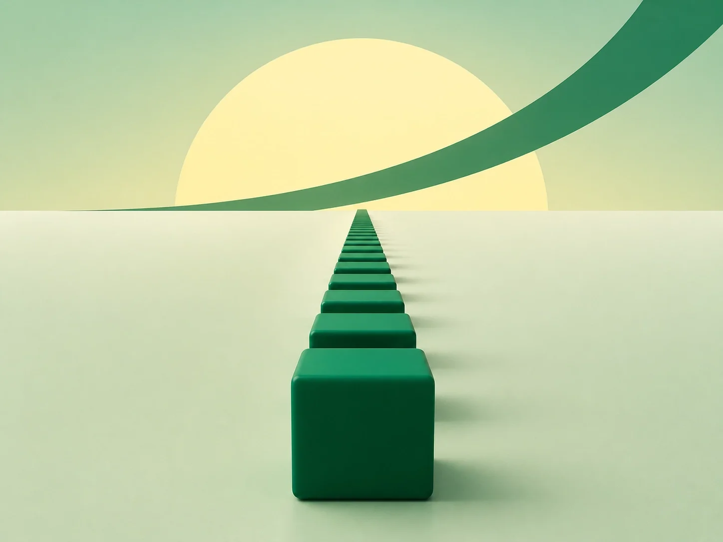 Long row of green blocks extending toward the horizon beneath a rising sun, symbolizing steady progress, momentum, scalability, and future growth.