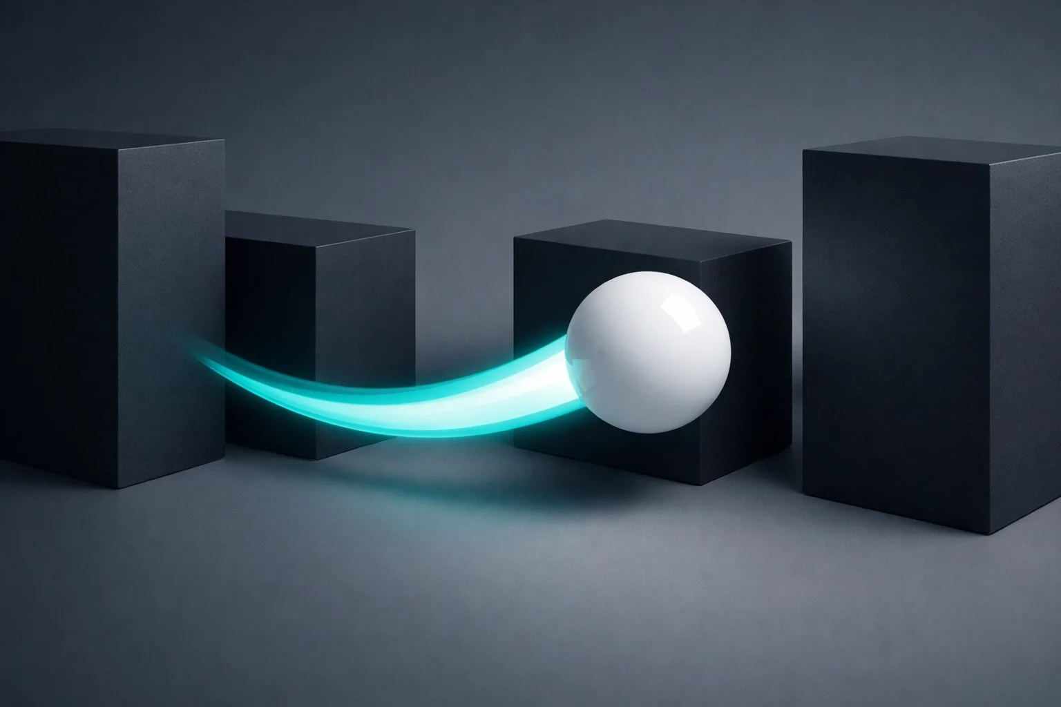 Glowing line guiding a sphere smoothly through obstacles, symbolizing guided progress, problem-solving, and overcoming barriers.