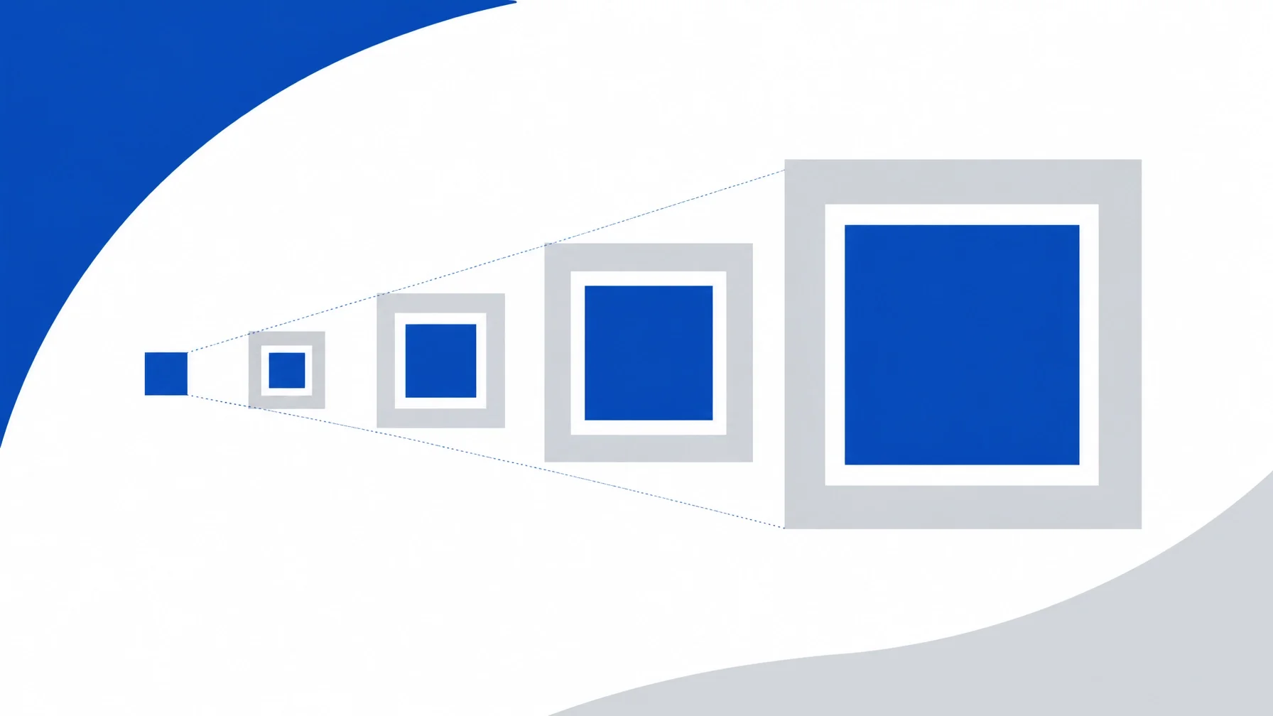 Minimalist illustration of scaling blue squares increasing in size through perspective, symbolizing business growth, scalability, expansion, and long-term progress.