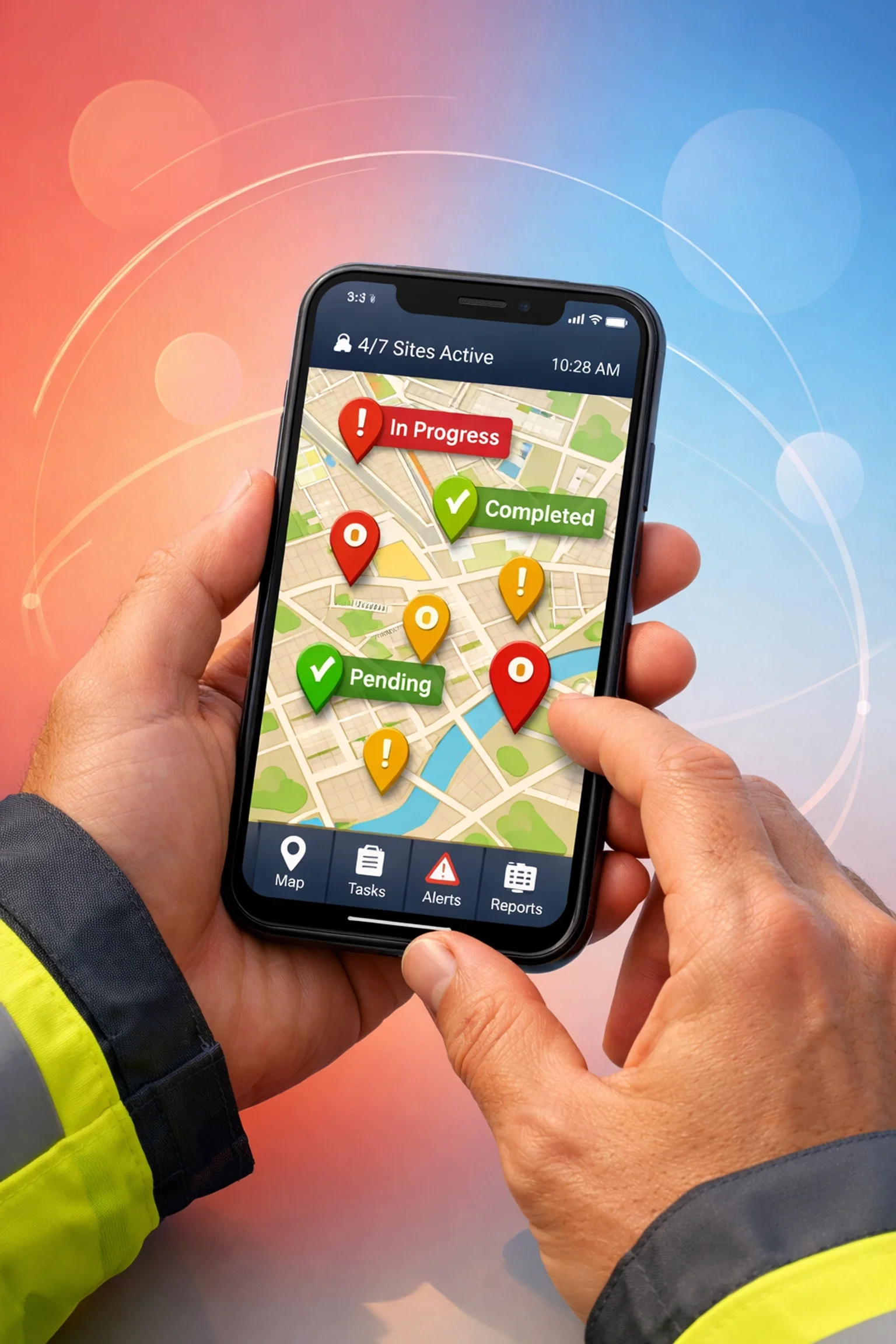 Mobile app displaying live job site map with in-progress, completed, and pending tasks for real-time field service tracking.