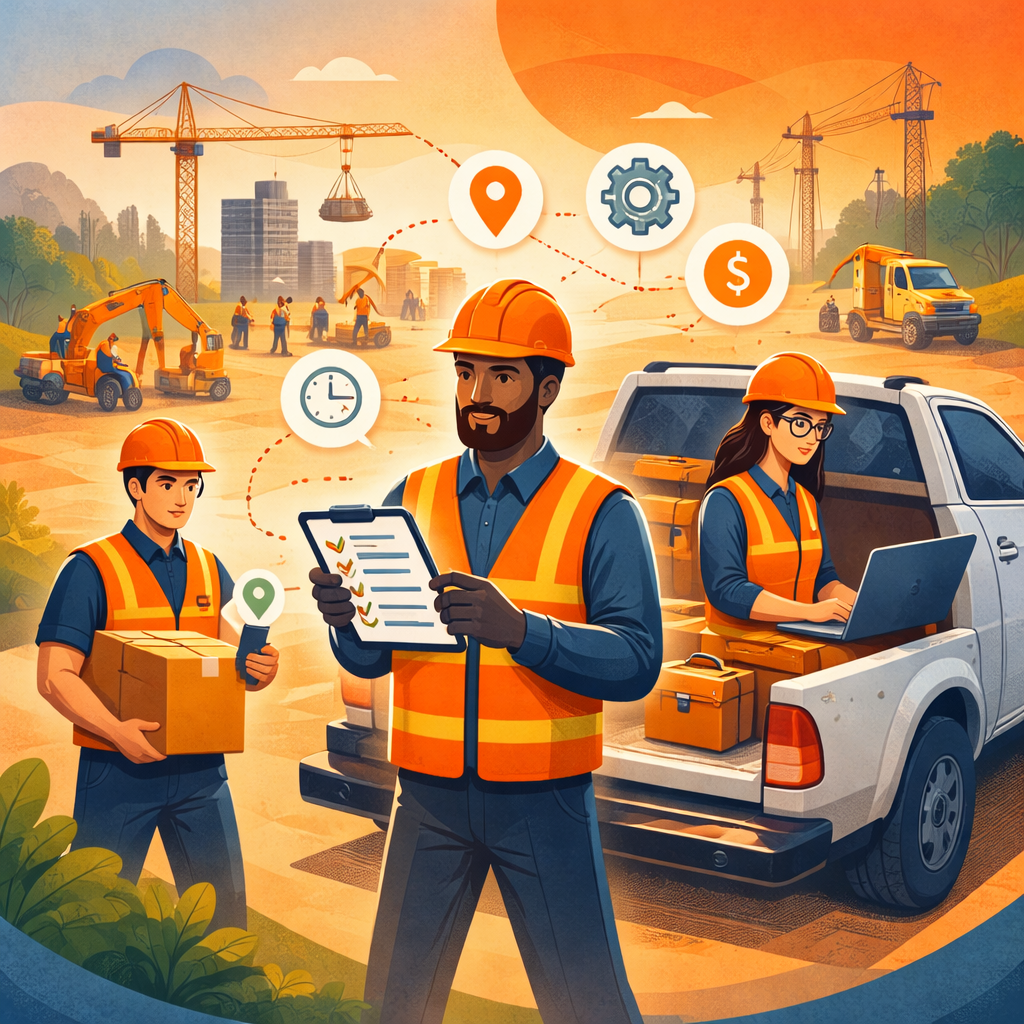 Construction workers using tablets and mobile tools on a job site with performance metrics, GPS tracking, and task management icons.