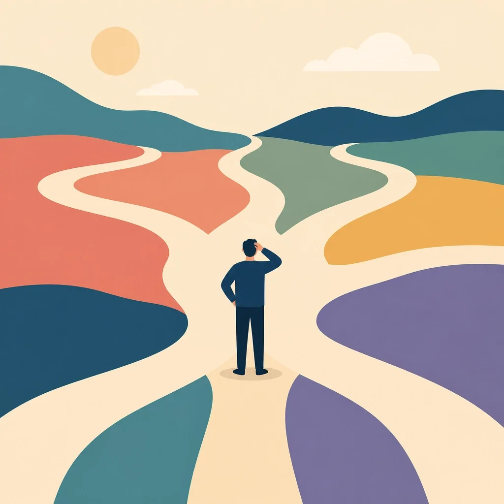 A minimalist illustration of a person at a crossroads with multiple paths, symbolizing the feeling of being stuck in analysis paralysis.