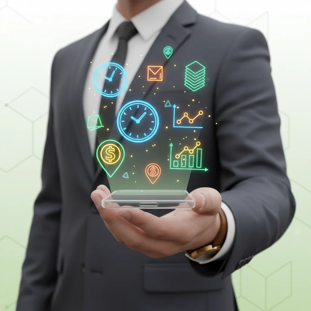 Businessperson holding a smartphone with holographic icons for time tracking, analytics, and financial management, symbolizing digital productivity tools.