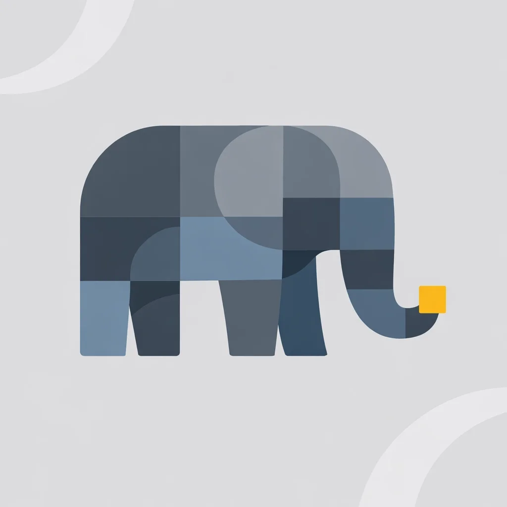 Flat geometric elephant illustration in shades of gray and blue holding a small yellow square with trunk on a light minimalist background.