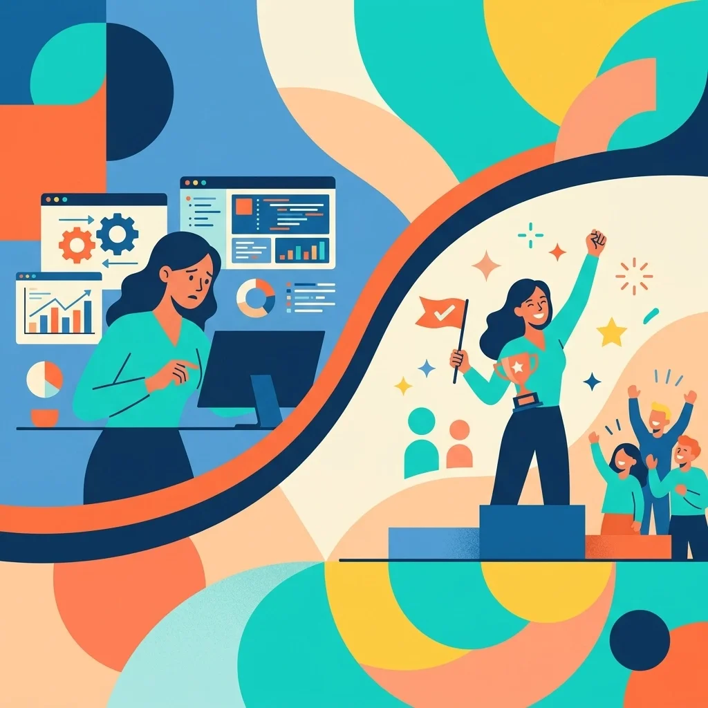 Person overwhelmed by data and analytics contrasted with success and celebration, representing transformation from struggle to achievement.