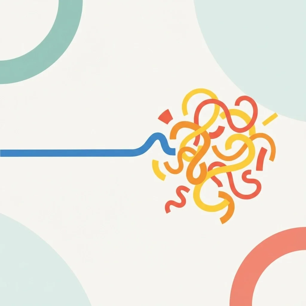 Minimal illustration of a straight line breaking into tangled shapes, representing how simple processes become operational complexity.