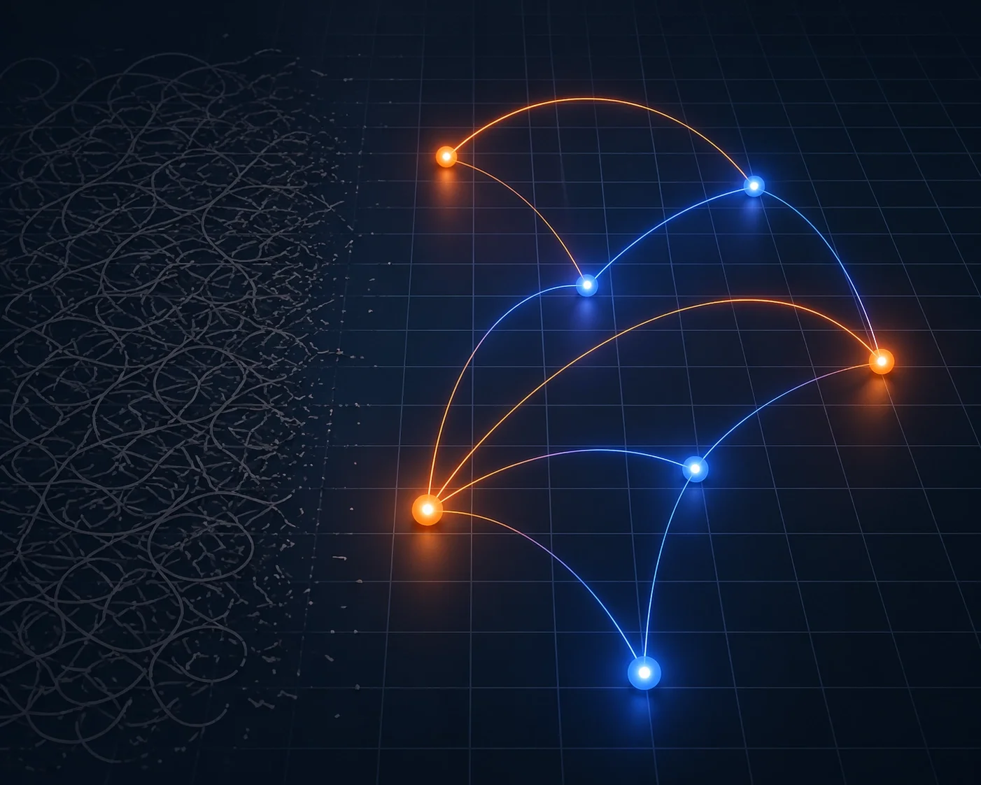 Messy tangled lines transforming into smooth connected paths, symbolizing organizing chaos into structured, efficient systems.
