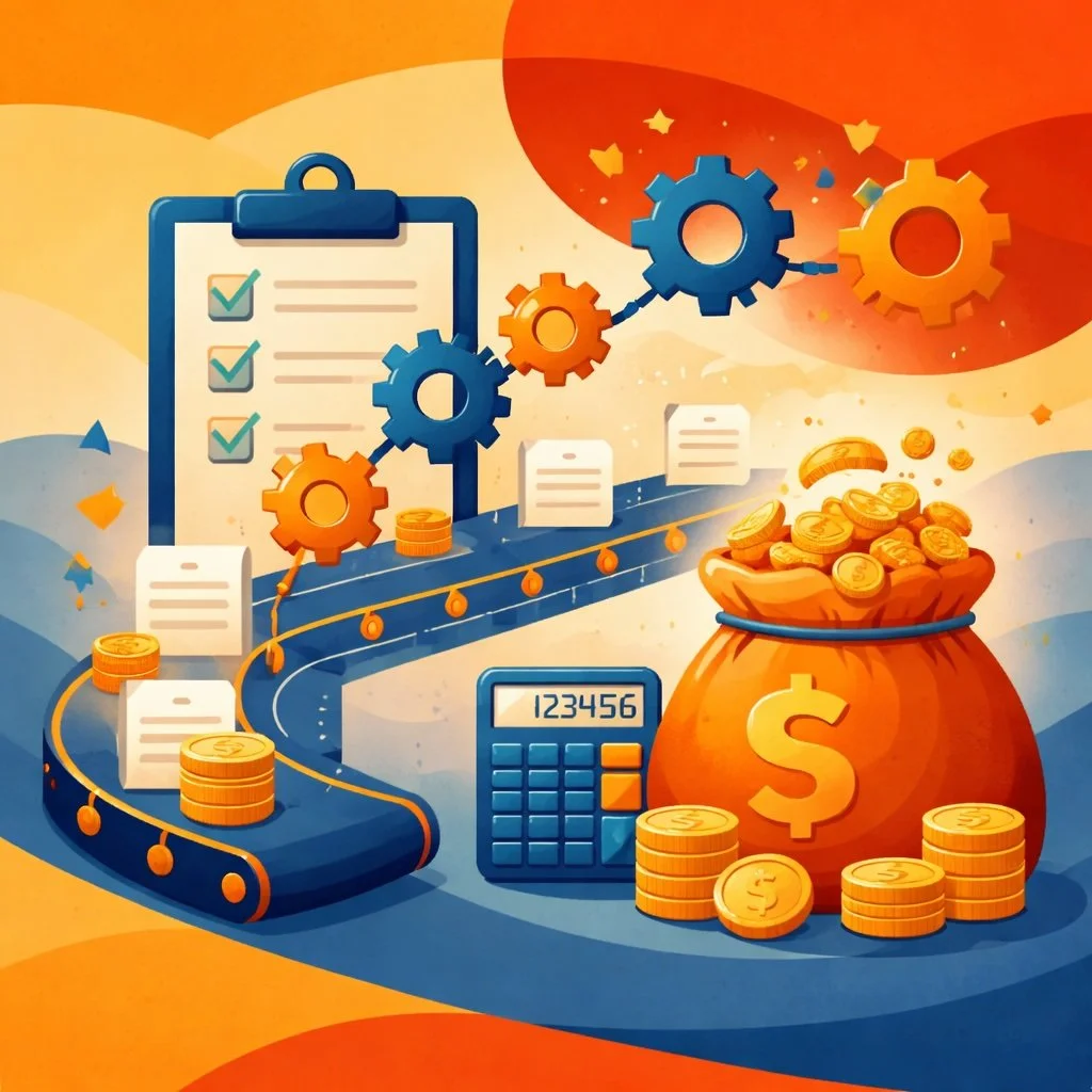 Illustration of automated business processes generating revenue, with workflow checklists, gears, conveyor system, calculator, and growing cash flow.