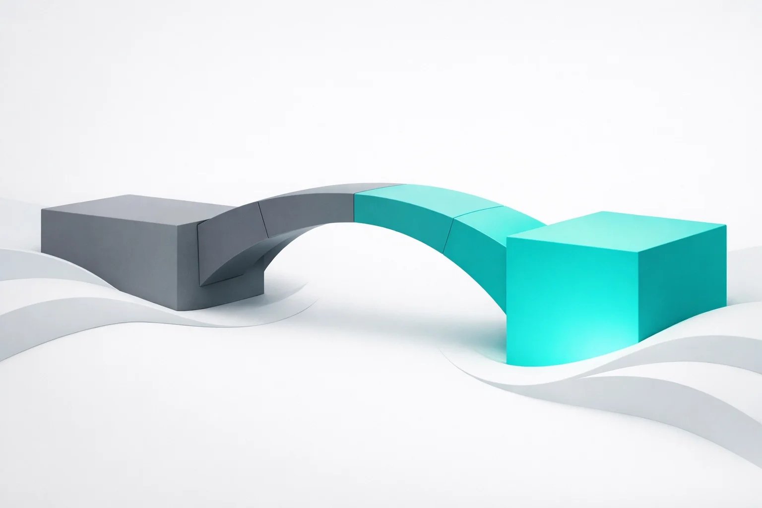 3D minimalist illustration of a teal block connected by an arched gray bridge over soft white flowing terrain representing transition or integration.