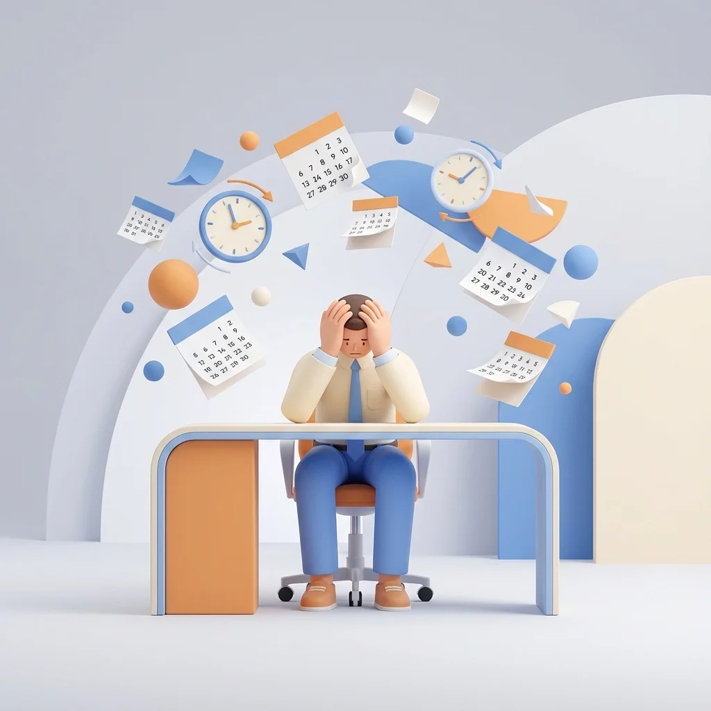3D illustration of a stressed worker holding their head while clocks and calendars float overhead, symbolizing scheduling overload and time management stress.