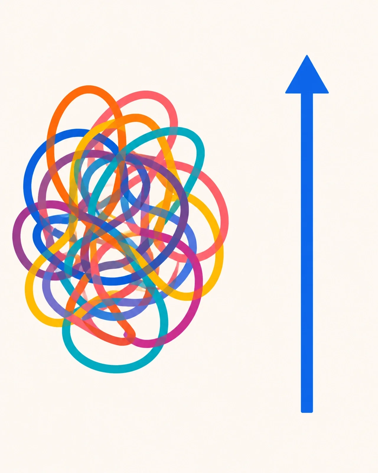 Abstract illustration of chaotic colorful loops contrasted with a clean upward arrow, symbolizing simplifying complexity, process optimization, clarity, and focused business growth.