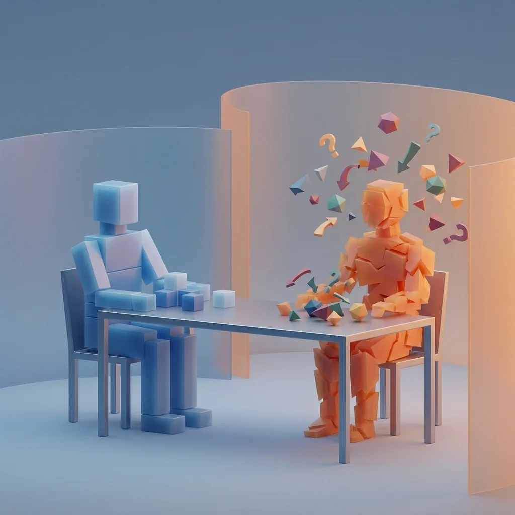 3D illustration of two figures at a table, one calm and structured and the other fragmented with symbols flying out, representing miscommunication versus clarity.
