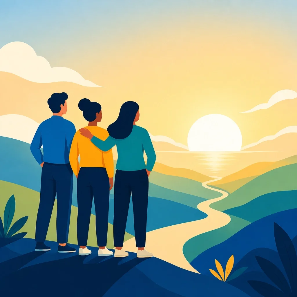 Minimalist illustration of an abstract team looking forward toward a bright horizon