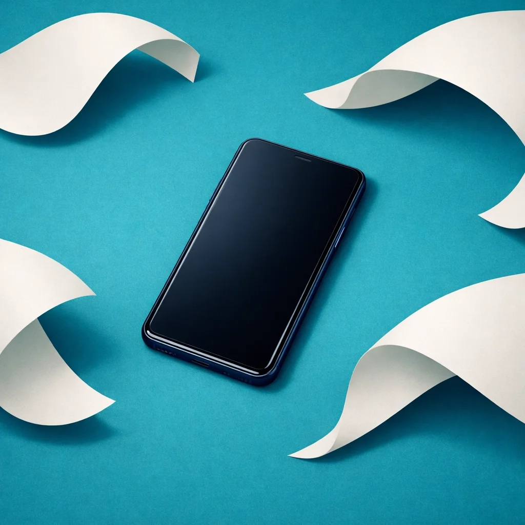 Smartphone centered among flowing paper sheets, symbolizing digitization and replacing paperwork with mobile solutions.