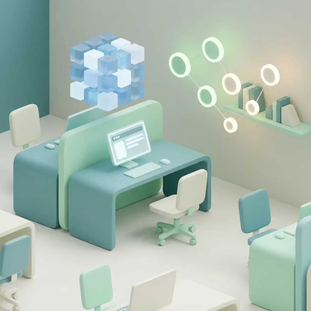 3D illustration of a modern office workstation with floating data cubes and connected nodes, symbolizing digital infrastructure and system architecture.