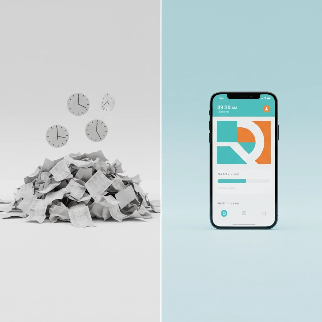 Split image showing a pile of crumpled paper timesheets on the left and a clean digital time-tracking mobile app interface on the right.