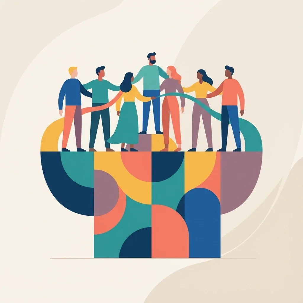 Illustration of a diverse group standing together on a shared platform, symbolizing teamwork, unity, and collaborative leadership.