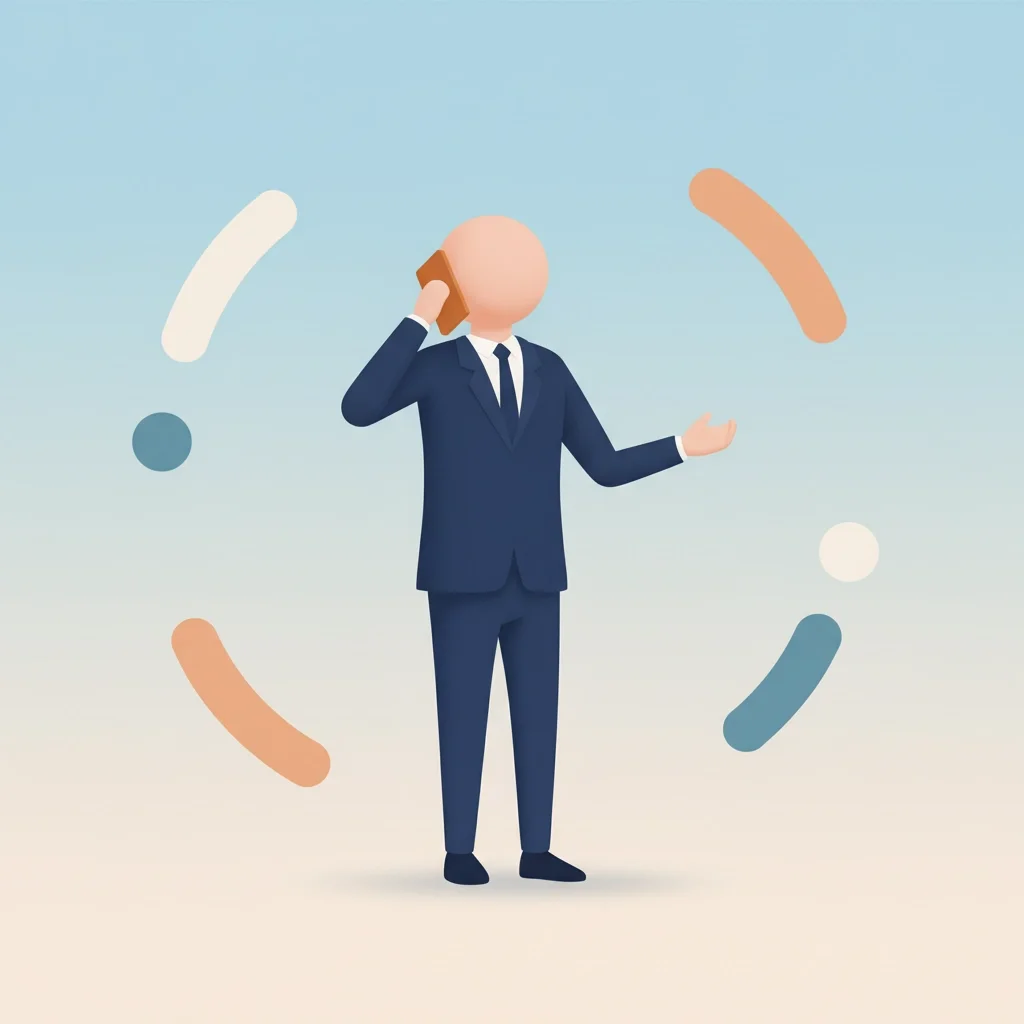 Minimalist illustration of a businessperson in a suit talking on the phone with abstract shapes around them, representing communication and client engagement.