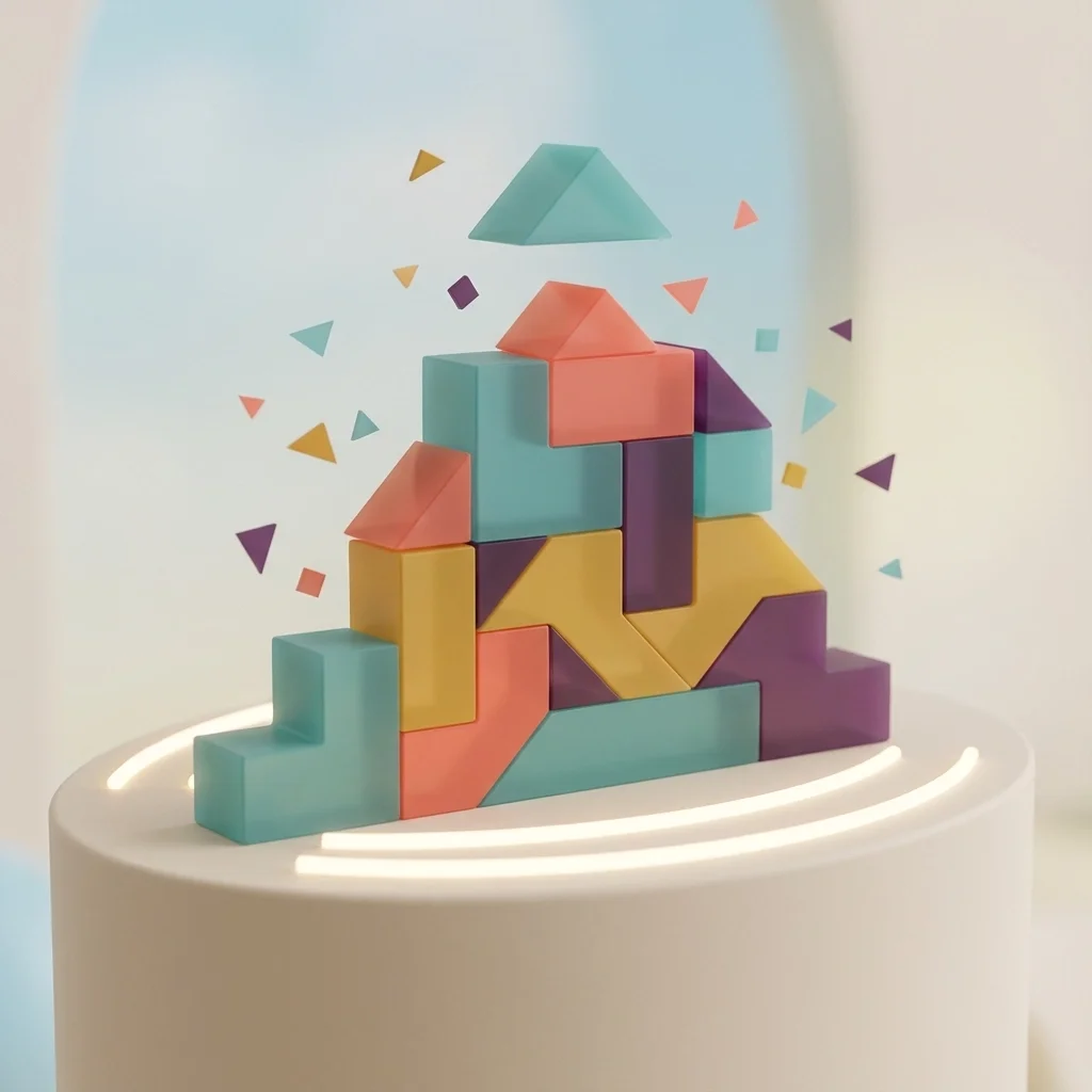 3D illustration of colorful modular blocks stacked together, symbolizing scalable systems, modular software architecture, and flexible workflows.