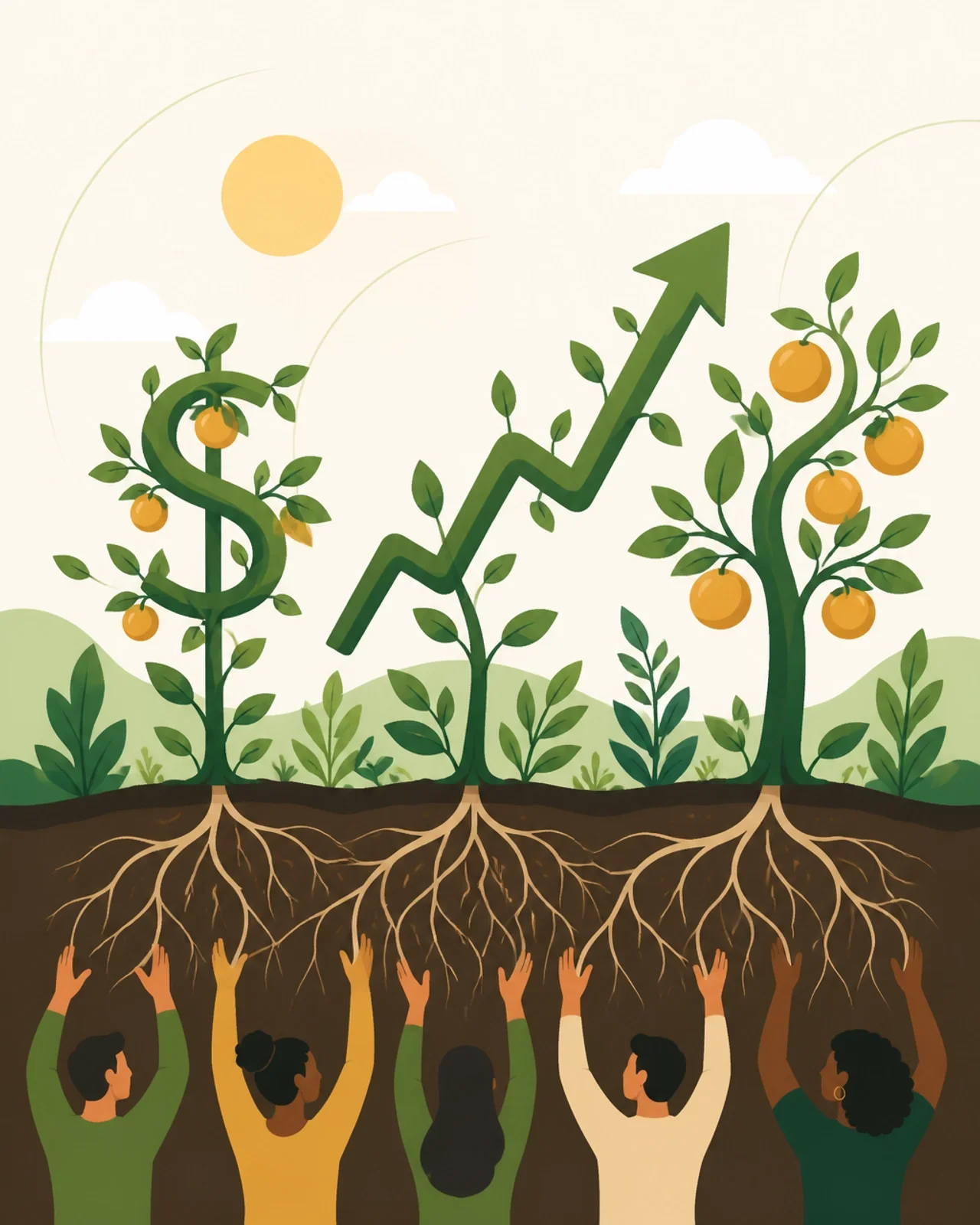 Minimalist illustration of a thriving garden with plants growing in the shape of profit symbols