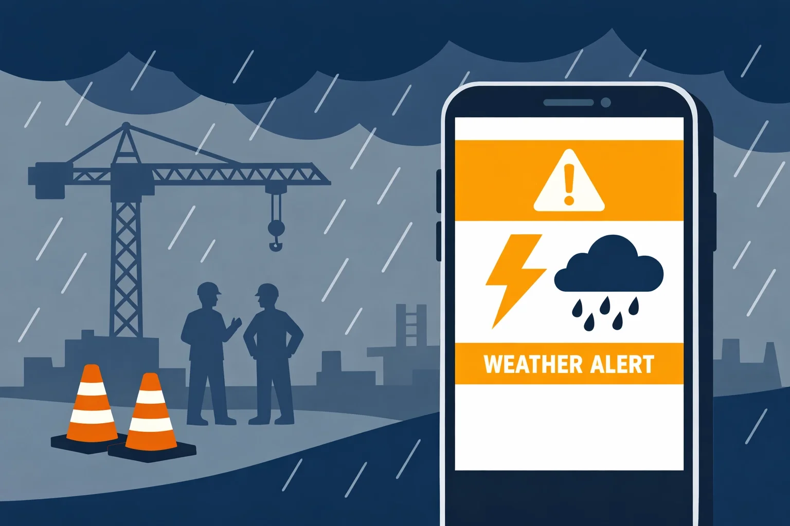 Mobile weather alert warning construction workers of severe conditions, supporting job site safety and real-time notifications