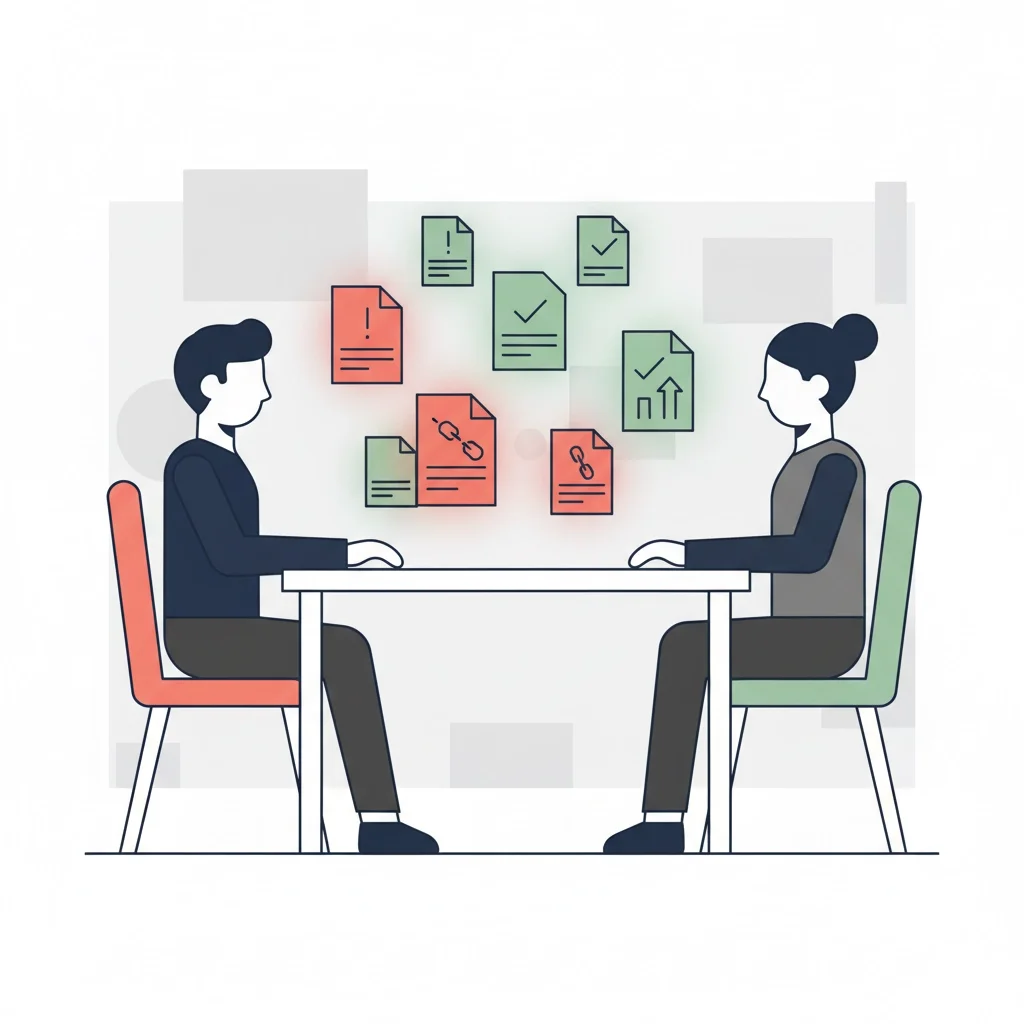 Illustration of two people sitting across a table reviewing color-coded documents that highlight tasks, risks, and progress indicators.